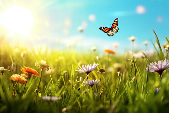 Beautiful meadow with flowers and butterfly on sky background. Nature background