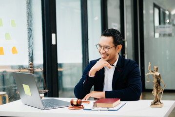 justice and law concept.Male judge in a courtroom on wooden table and Counselor or Male lawyer working in office.