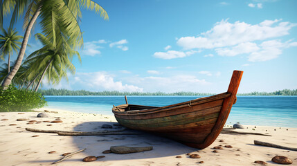Stranded wooden boat on the beach under the palm tree