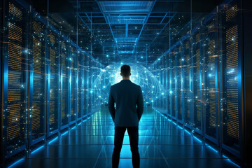 Back view of businessman standing in server room with binary code. Innovation concept