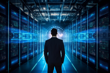 Fototapeta na wymiar Back view of businessman standing in server room with binary code. Innovation concept
