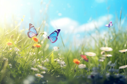 Summer meadow with flowers and butterfly. Nature background. 3d render © Creative