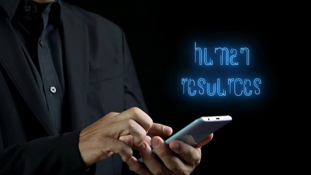 Businessman showing neon line words of BUSINESS, SALES AND MARKETING, FINANCE, HUMAN RESOURCES, PRODUCTION, RESEARCH AND DEVELOPMENT, DISTRIBUTION. Business solution and work smarter concept.