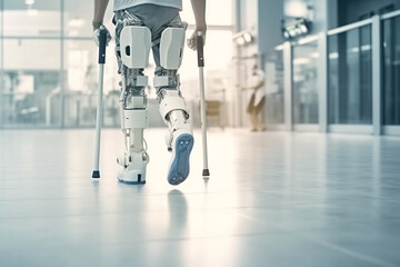Robot walking on crutches in the hospital, closeup - obrazy, fototapety, plakaty