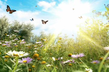 Fototapeta premium Spring meadow with flowers and butterflies. Nature background. 3d rendering