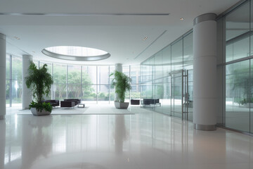 Interior of modern office with white walls, tiled floor, panoramic windows and daylight. 3d rendering