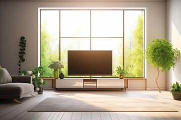 Interior living room with sofa and TV on the wall. 3d illustration