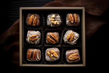 Crunchy praline, nutty candy served in a box, top down