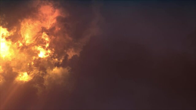 Lightning discharge and light effects in the clouds. Thunderclouds in bright flashes of lightning. Bad weather. Looped

