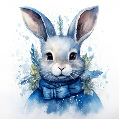 Cute cartoon watercolor portrait of rabbit  or bunny.  New Year and Christmas greeting card. character. Generative ai