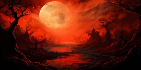 Fotobehang Donkerrood halloween background landscape with moon with red orange hues and creepy trees.