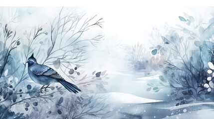 Watercolor winter landscape with birds and trees. Generative AI.