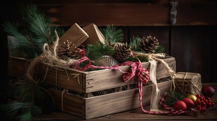 Fototapeta na wymiar a wooden crate filled Christmas ornaments and baubles, fir cones and fir branches