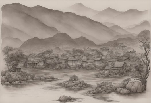 Landscape of ancient villages isolated with blackn and whit theam