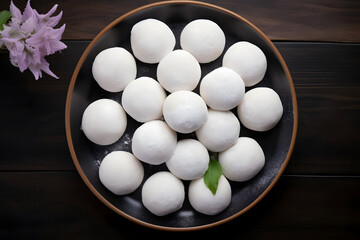 Chewy mochi, Japanese treat served on a platter, top down