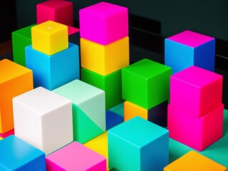 A set of overlapping cube shapes in a variety of colours