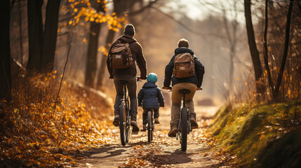 Family cycling trips in autumn, walks along paths in the forest, Hiking, collective active recreation. Children spend time with their parents. - obrazy, fototapety, plakaty