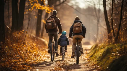 Foto op Canvas Family cycling trips in autumn, walks along paths in the forest, Hiking, collective active recreation. Children spend time with their parents. © Mary_Ukraine