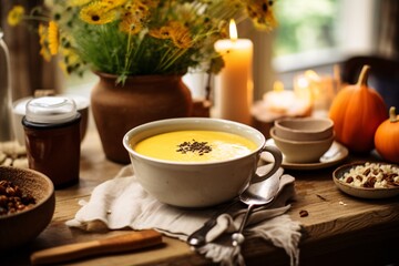 hot bowl of creamy pumpkin soup, steam rising, garnished with toasted seeds and fresh herbs.