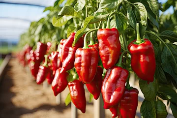 Selbstklebende Fototapete Scharfe Chili-pfeffer Red chili pepper grows on green branch, plantation of vegetables 