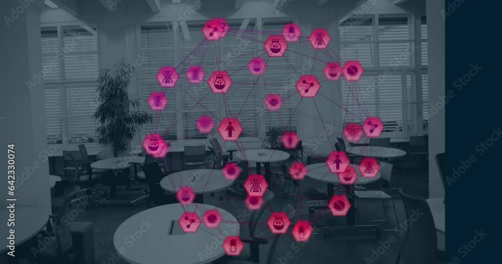 Poster animation of mobile application icons forming globe over empty tables and chairs in office cafeteria