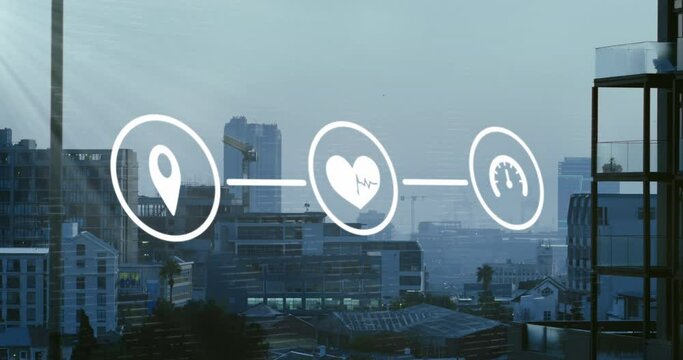 Animation of speedometer, gps, heart pulse icons forming flowchart over buildings in modern city