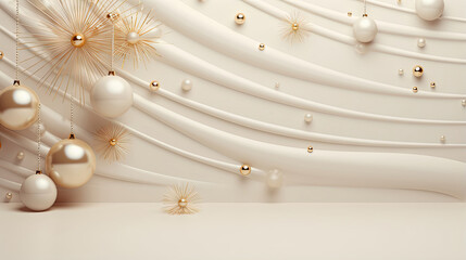 Beautiful festive background with white and gold decoration on beige baground