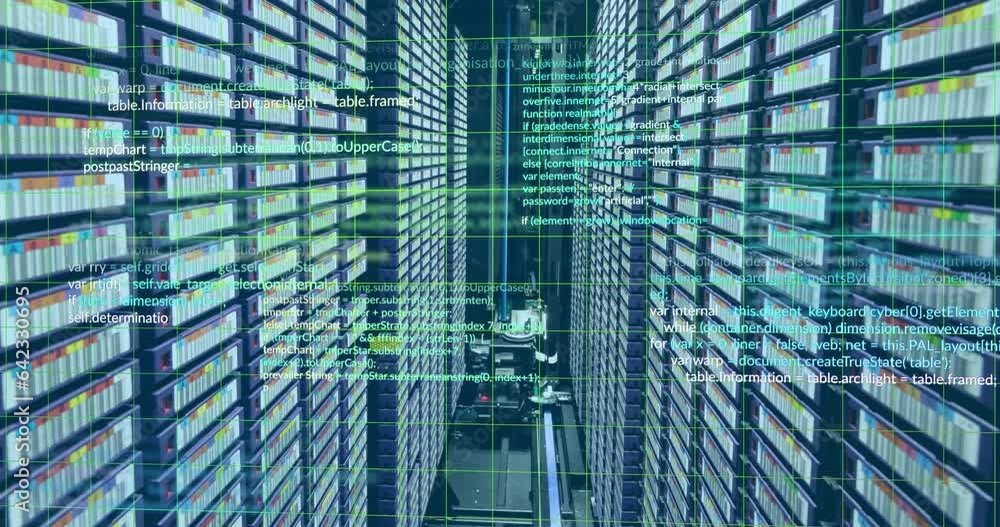 Poster animation of computer language and grid over data server racks
