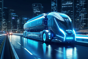 3d rendering of a delivery van with neon lights on the road
