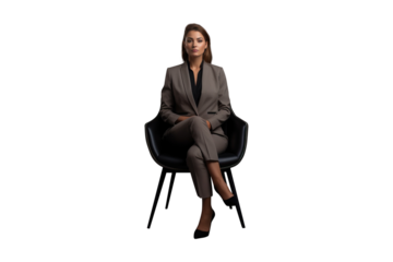 isolated png portrait of professional business woman in suit sit on a chair