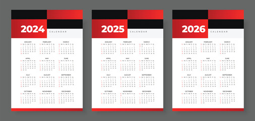 2024, 2025 and 2026 calendar set, Week start Sunday, Simple vertical calendar design template. Wall calendar in a minimalist style. Corporate design planner template