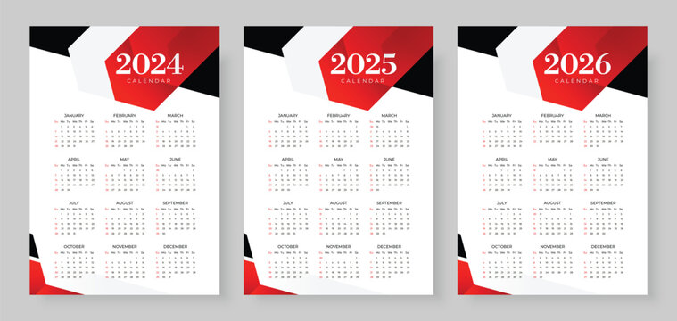 2024, 2025 and 2026 calendar set, Week start Sunday, Simple vertical calendar design template. Corporate design planner template. Wall calendar in a minimalist style