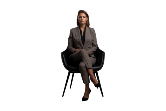 isolated png portrait of professional business woman in suit sit on a chair