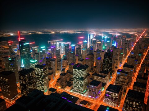 A view of the neon-lit cityscape of Coruscant 