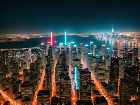 A view of the neon-lit cityscape of Coruscant 