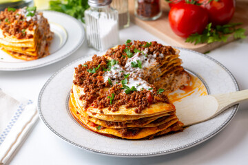 Turkish Food Kayseri Yaglama with Minced Meat, Yogurt and Tomato Paste