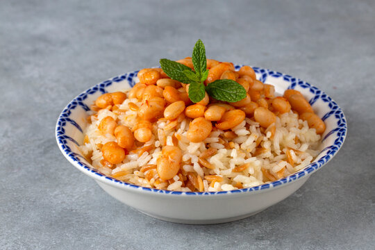 Traditional Turkish cuisine. Kuru Fasulye . Haricot Beans, rice and beans (Turkish name; pilav ustu kuru fasulye)