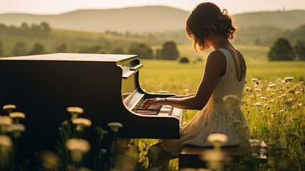 Woman playing piano in a field