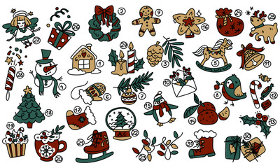 Fototapeta premium A large set of colored objects to create a retro Christmas mood. Vector illustrations drawn by hand. Drawings of Christmas accessories, food, comfort items. Cartoon elements with a black outline.