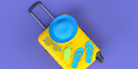 Colorful beach accessories and luggage for summer vacation on violet background.