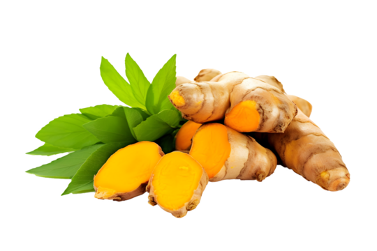 Close up of fresh turmeric root and leaves