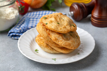 Delicious meat pie from Turkish cuisine. Fried handmade pies. Turkish name; fincan boregi or puf borek