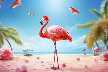 Pink flamingo with umbrella on the beach. 3d illustration.