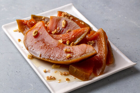 Traditional delicious Turkish cuisine; Pumpkin dessert or jam (Turkish name; Kirecte kabak receli or kabak tatlisi)