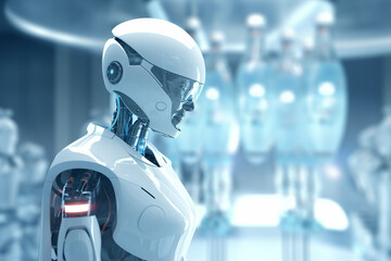3d rendering humanoid robot with blank space on the left for text