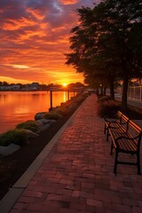 Fototapeta na wymiar Sunset on the Riverwalk Along the Cape Fear River Generative Ai