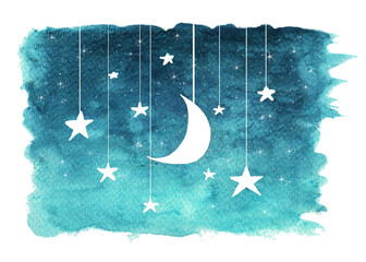 The moon and stars hanging from strings painted in watercolor, night sky background.
