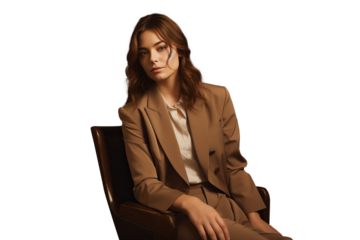 isolated png portrait of fashion woman sit on a chair in a brown suit