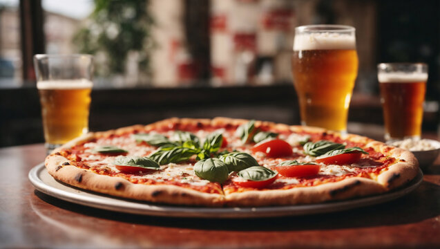 Pizza con pomodoro, mozzarella, pomodorini freschi, basilico e una birra fresca in una pizzeria in Italia