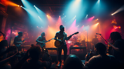 A band playing in a pub with multi-colored lights and people dancing, Generative AI.